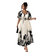 Elegant V-Neck Botanical Print Midi Dress