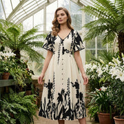 Elegant V-Neck Botanical Print Midi Dress