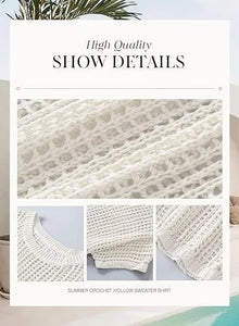 Short Sleeve Crochet Sweater Lightweight Summer Tops Loose Hollow Out Crewneck Pullover